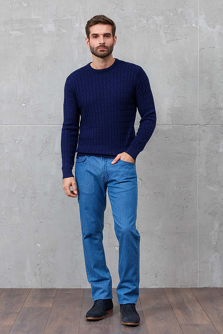 Мужской брендовый джемпер темно-синего цвета с круглой горловиной арт. 83014/22025 Dk.NAVY Meucci (Италия) - фото. Цвет: Темно-синий (объемный орнамент в виде сплетенных кос). Купить в интернет-магазине https://shop.meucci.ru

