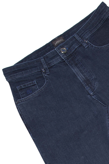 Мужские брендовые джинсы с голубой отстрочкой прямого кроя из премиального денима  арт. LUEC REG 2526 Meucci (Италия) - фото. Цвет: Синий. Купить в интернет-магазине https://shop.meucci.ru
