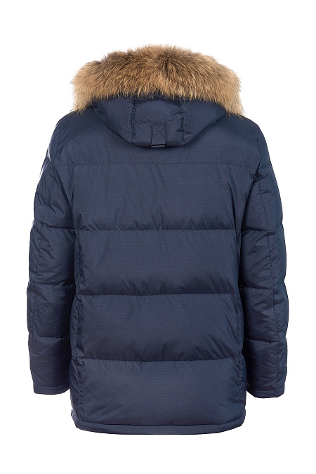 Cтеганый пуховик с капюшоном с меховой опушкой для мужчин бренда Meucci (Италия), арт. 3714 - фото. Цвет: Темно-синий с принтом. Купить в интернет-магазине https://shop.meucci.ru
