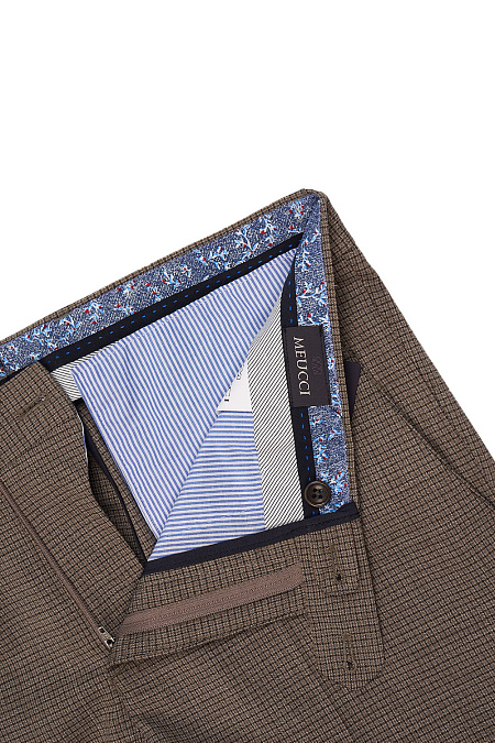 Мужские брендовые брюки из тонкой шерсти коричневые в клетку  арт. MI 16136320-09 Meucci (Италия) - фото. Цвет: Коричневый, клетка. Купить в интернет-магазине https://shop.meucci.ru
