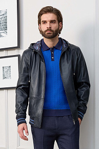 Кожаная темно-синяя куртка-бомбер с капюшоном  (7710)