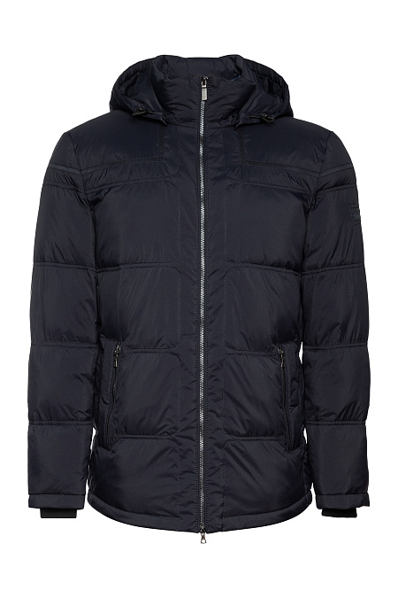 Стеганый пуховик средней длины с капюшоном и фигурным низом для мужчин бренда Meucci (Италия), арт. 6915 - фото. Цвет: Темно-синий. Купить в интернет-магазине https://shop.meucci.ru
