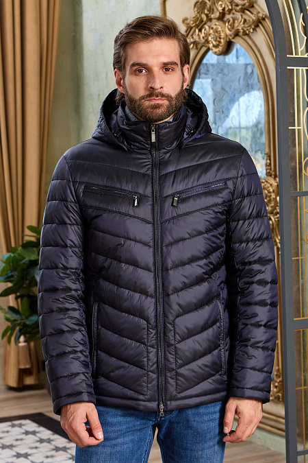 Легкий пуховик с капюшоном темно-синего цвета  для мужчин бренда Meucci (Италия), арт. 4905 - фото. Цвет: Темно-синий. Купить в интернет-магазине https://shop.meucci.ru
