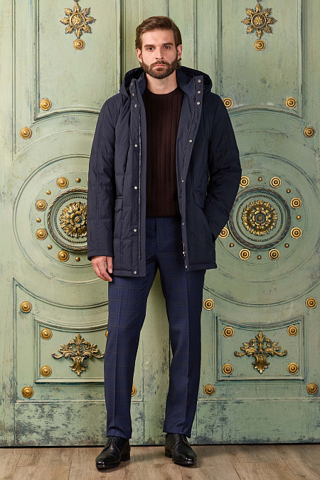 Стеганый пуховик из смесовой шерстяной ткани с капюшоном  для мужчин бренда Meucci (Италия), арт. 1970 - фото. Цвет: Темно-синий. Купить в интернет-магазине https://shop.meucci.ru
