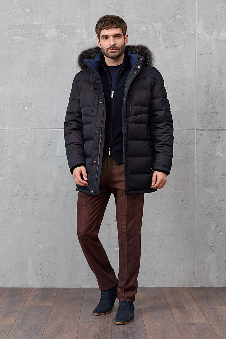 Пуховик черно-коричневого цвета с капюшоном и опушкой из меха для мужчин бренда Meucci (Италия), арт. 5160 - фото. Цвет: Черно-коричневый. Купить в интернет-магазине https://shop.meucci.ru
