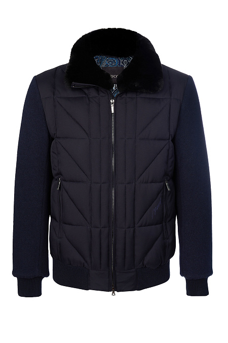 Короткий пуховик-бомбер с меховым воротником  для мужчин бренда Meucci (Италия), арт. 8950 - фото. Цвет: Темно-синий. Купить в интернет-магазине https://shop.meucci.ru
